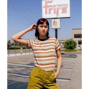 Big Bud Press multi-color striped Ringer Tee Made in USA 100% Cotton Large